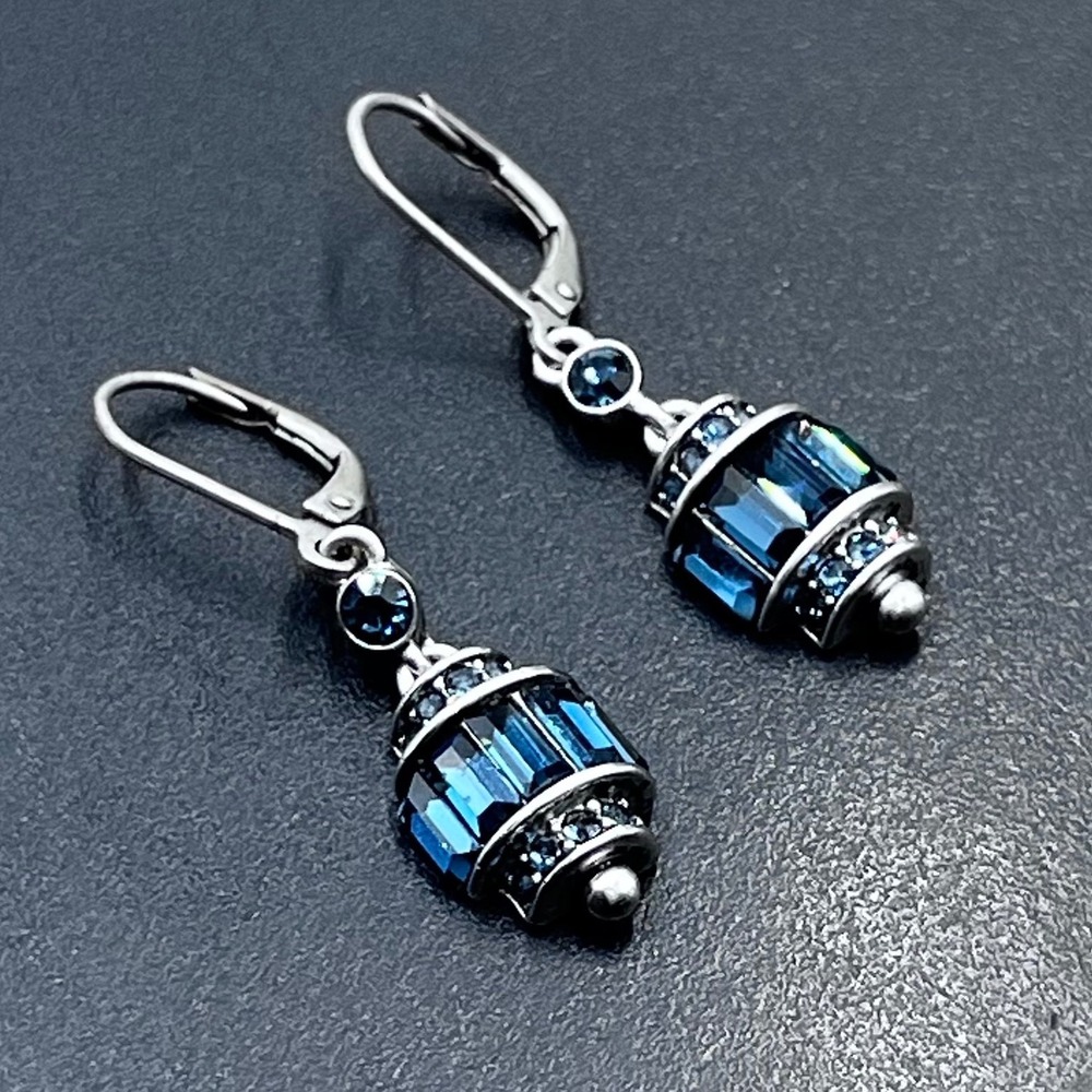 Givenchy Vintage Montana Blue Crystal Barrel Drop Earrings Silver Tone
Leverback